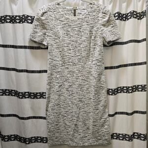 Calvin Klein white & black stretchy tweed short sleeve pencil knee length dress